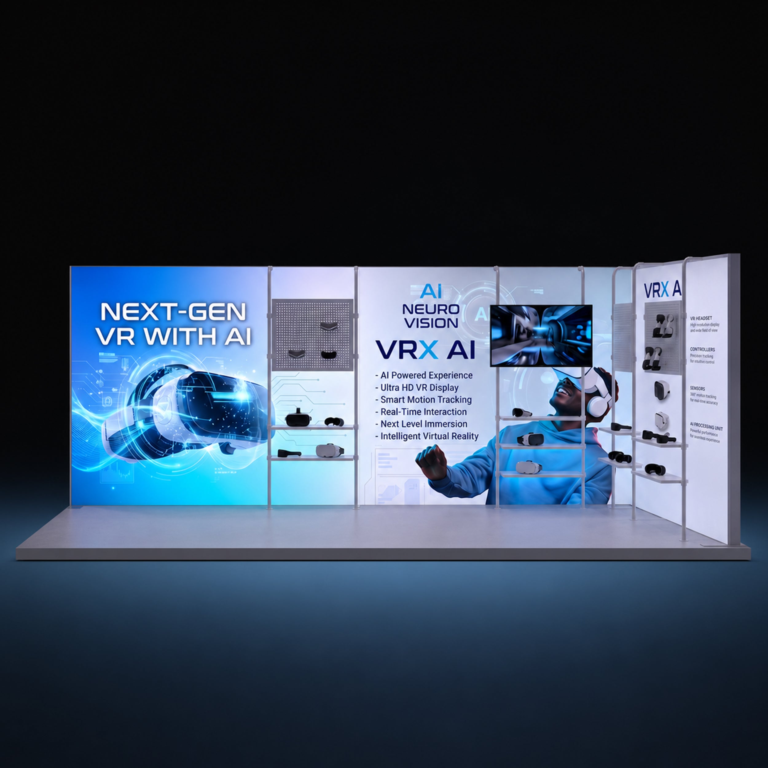 6m Backlit Exhibition Stand LED Lightbox Backwall with Shelving front view